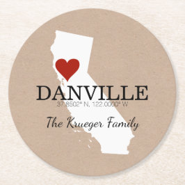 Aangepaste GPS-coördinaten CA Heart Paper-Onderzet Ronde Kartonnen Onderzetter