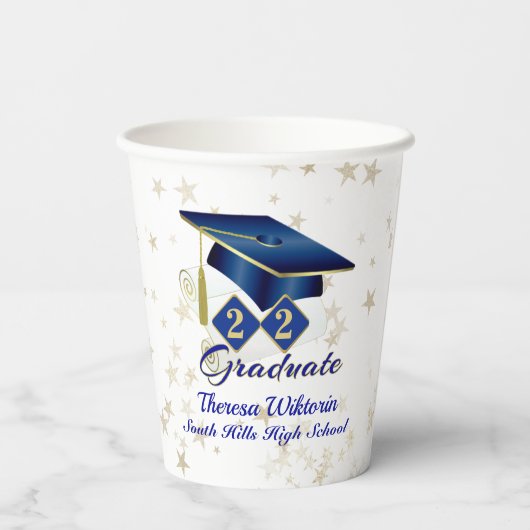 Aangepaste Graduation Party Blue Gold Paper Cup Papieren Bekers (Achterkant)