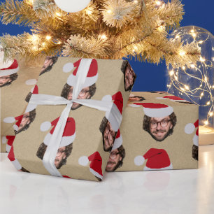 Aangepaste Grappige Kerstman Hoed Gezicht Foto Kra Cadeaupapier