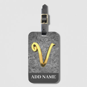 Aangepaste Gray & Gold Monogram Letter V Bagagelabel