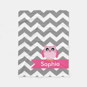 Aangepaste grijze Chevron Pink Owl Fleece Blanket Deken