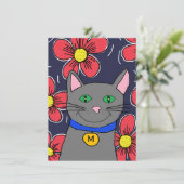 aangepaste grijze kat met bloemen personaliseren i kaart (Staand voorkant)