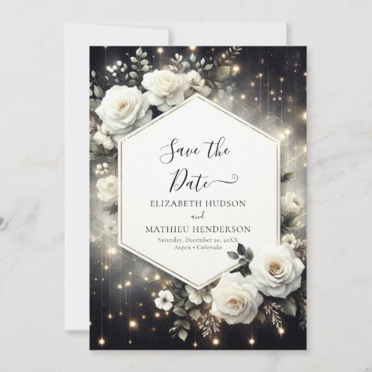 Aangepaste grillige witte rozen bruiloft save the date (Voorkant)