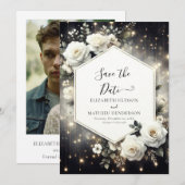 Aangepaste grillige witte rozen bruiloft save the date (Voorkant / Achterkant)