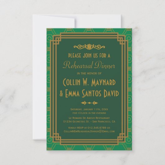 Aangepaste groene art deco repetitie diner uitnodi kaart (Voorkant)