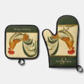 Aangepaste Groene Boerderij Haan monogram Ovenwant & Pannenlap Set (Voorkant)