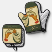 Aangepaste Groene Boerderij Haan monogram Ovenwant & Pannenlap Set (Voorkant / Achterkant)