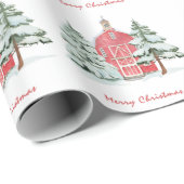 Aangepaste Groene Bos Rode Schuur Pine Kerstboom Cadeaupapier (Rol Hoek)