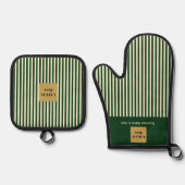 Aangepaste Groene & Cream Stripe Ovenwant & Pannenlap Set (Voorkant)