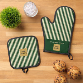 Aangepaste Groene & Cream Stripe Ovenwant & Pannenlap Set