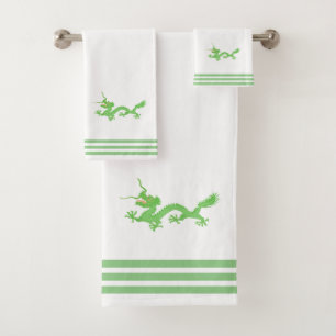 Aangepaste groene draak & drie strepen op wit bad handdoek