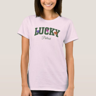 Aangepaste groene 'LUCKY' met kleurrijke klavertje T-shirt