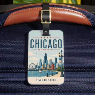 Aangepaste groene nostalgische USA Chicago Illinoi Bagagelabel