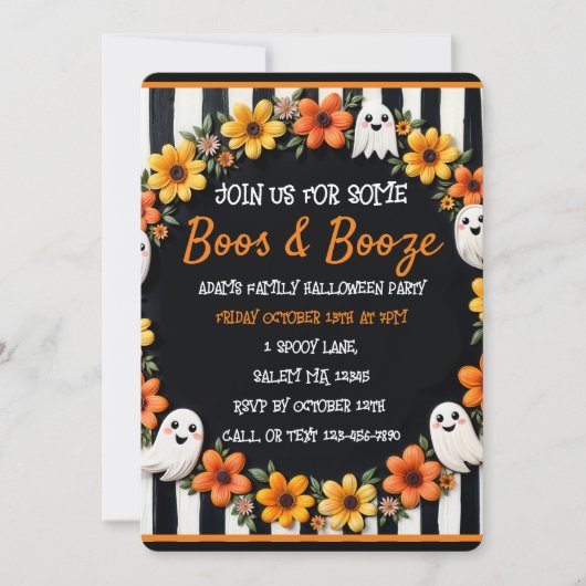 Aangepaste Halloween 'Boos & Booze' Ghost & Floral Kaart (Voorkant)