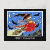 Aangepaste Halloween Kat Heks Broomstick Briefkaart (Voorkant)
