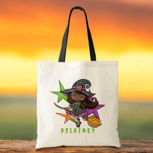 Aangepaste Halloween Trick or treat Witch Black St Tote Bag