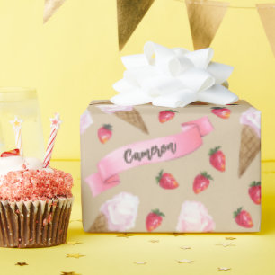 Aangepaste Hand-Geïllustreerde Aardbei Ice Cream C Cadeaupapier