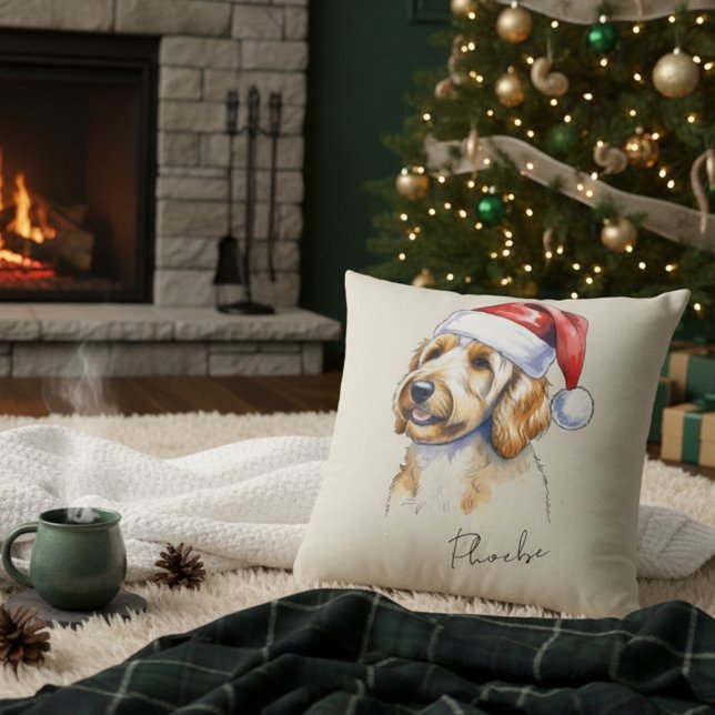 Aangepaste Hand Getekend Kerst Gouden Doodle Portr Kussen (Add a special touch to your Christmas tree with this custom pet portrait throw pillow! )