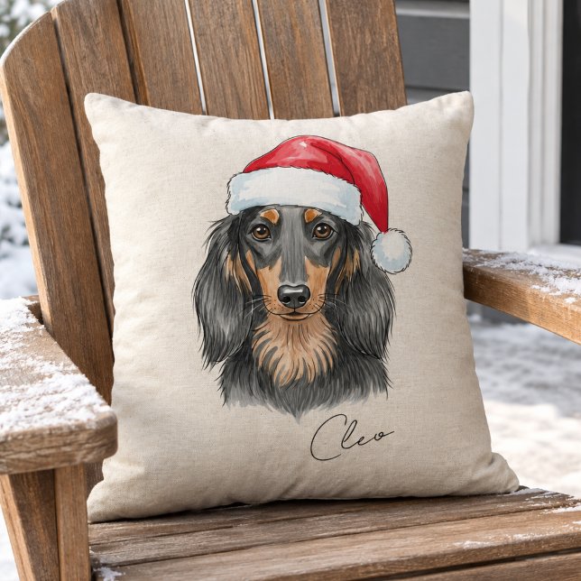 Aangepaste Hand Getrokken Kerst Teckel Portret Kussen (Dachshund Christmas Illustration Pet Name Throw Pillow)
