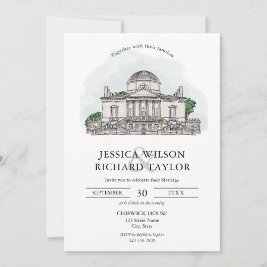 Aangepaste Hand getrokken Venue Illustratie Trouwe Kaart (Voorkant)