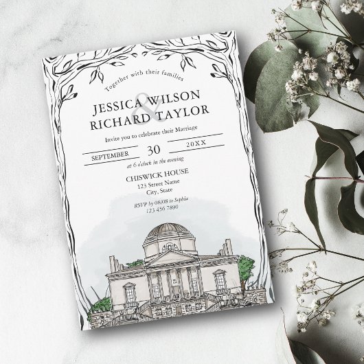 Aangepaste Hand getrokken Venue Illustratie Trouwe Kaart