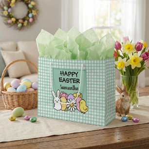 Aangepaste Happy Pasen Konijn Kuiken Groen Gingham Groot Cadeauzakje