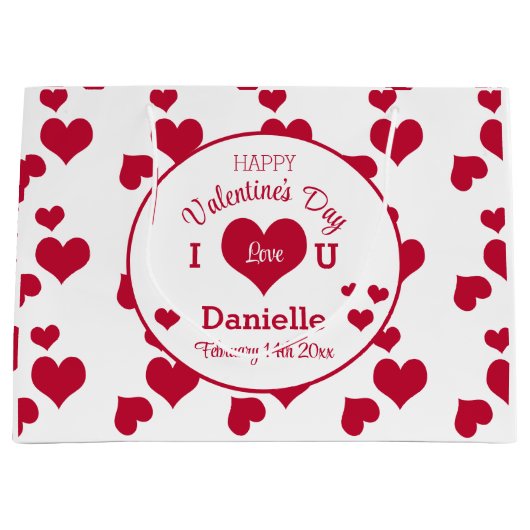 Aangepaste Happy Valentijnsdag Wit & Rode Harten Groot Cadeauzakje (Voorkant)