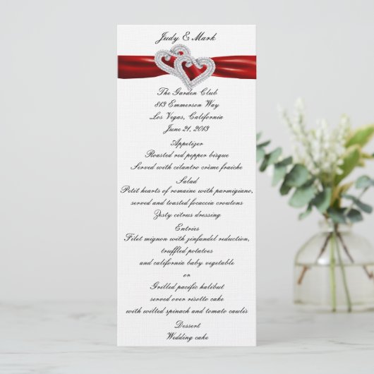 Aangepaste harten rood lint menu Kaart (Staand voorkant)