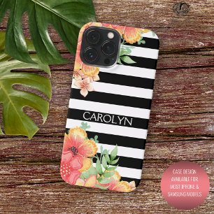 Aangepaste Hawaii bloemen zwart witte strepen patr Case-Mate iPhone 14 Pro Max Hoesje