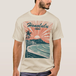 Aangepaste Hawaii Honolulu Waikiki Beach Retro Rei T-shirt