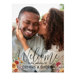 Aangepaste Herfst Bloemen Foto Modern Trouwbord Afdruk