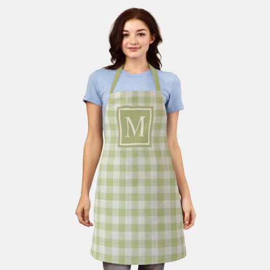 Aangepaste Herfst Sage Green Ivory Gingham Schort (Gedragen)