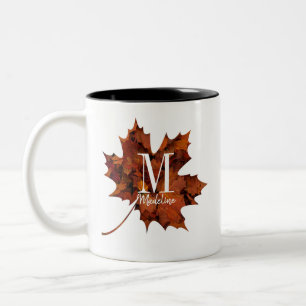 Aangepaste Herfst van Floral Monogram Maple Leaf Tweekleurige Koffiemok