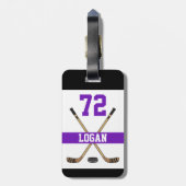 Aangepaste Hockey Player Name Number Paars Bagagelabel (Achterkant verticaal)