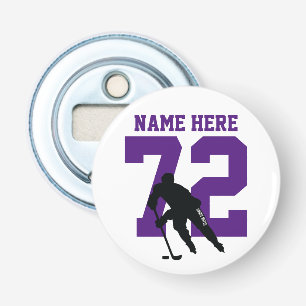 Aangepaste Hockey Player Name Number Paars Button Flesopener