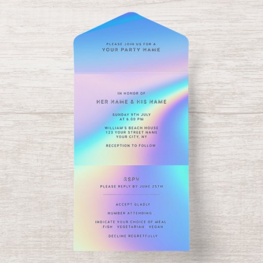 Aangepaste holografische moderne elegante Folie All In One Uitnodiging (Binnenkant)