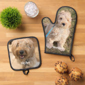 Aangepaste hond kat huisdier foto en naam geperson ovenwant & pannenlap set (Top down)