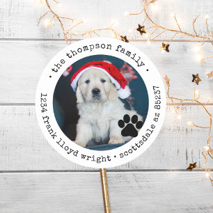 Aangepaste Hondenfoto Christmas Kaart Retouradres Ronde Sticker