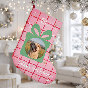 Aangepaste hondenfoto Roze ruit eerste kerst Kleine Kerstsok