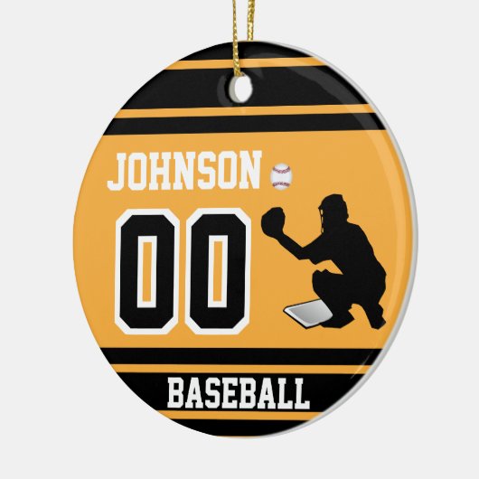 Aangepaste honkbalvanger | Goud en zwart Keramisch Ornament (Links)