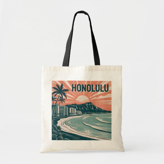Aangepaste Honolulu Waikiki Diamond Head Retro Rei Tote Bag (Voorkant)