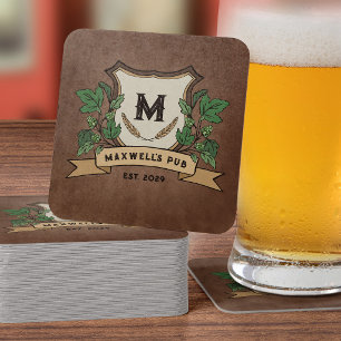 Aangepaste Hoppen Gerst Crest Uw Pub Monogram Vierkante Kartonnen Onderzetter