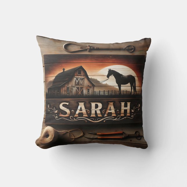 Aangepaste houten teken met paard en schuur in zon kussen (Voorkant)