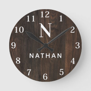 Aangepaste houten textuur naam monogram ronde klok