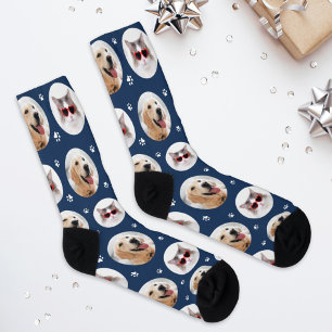 Aangepaste Huisdier 2 Foto Marine Blue Paw Print Sokken