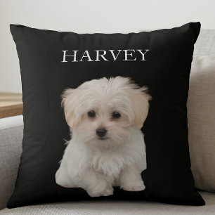 Aangepaste huisdier foto & naam Zwart "Harvey" Kussen