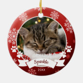 Aangepaste Huisdier Kat Foto Paw Prints Rode Kerst Keramisch Ornament (Achterkant)