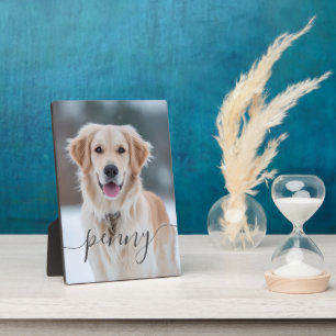 Aangepaste huisdierennaam foto elegante script hon fotoplaat