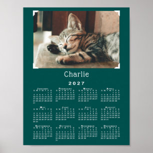 Aangepaste huisdierfoto en naam 2027 kalender Teal Poster