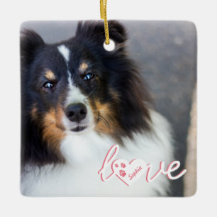 Aangepaste huisdierfoto & liefde tekst met poten & keramisch ornament